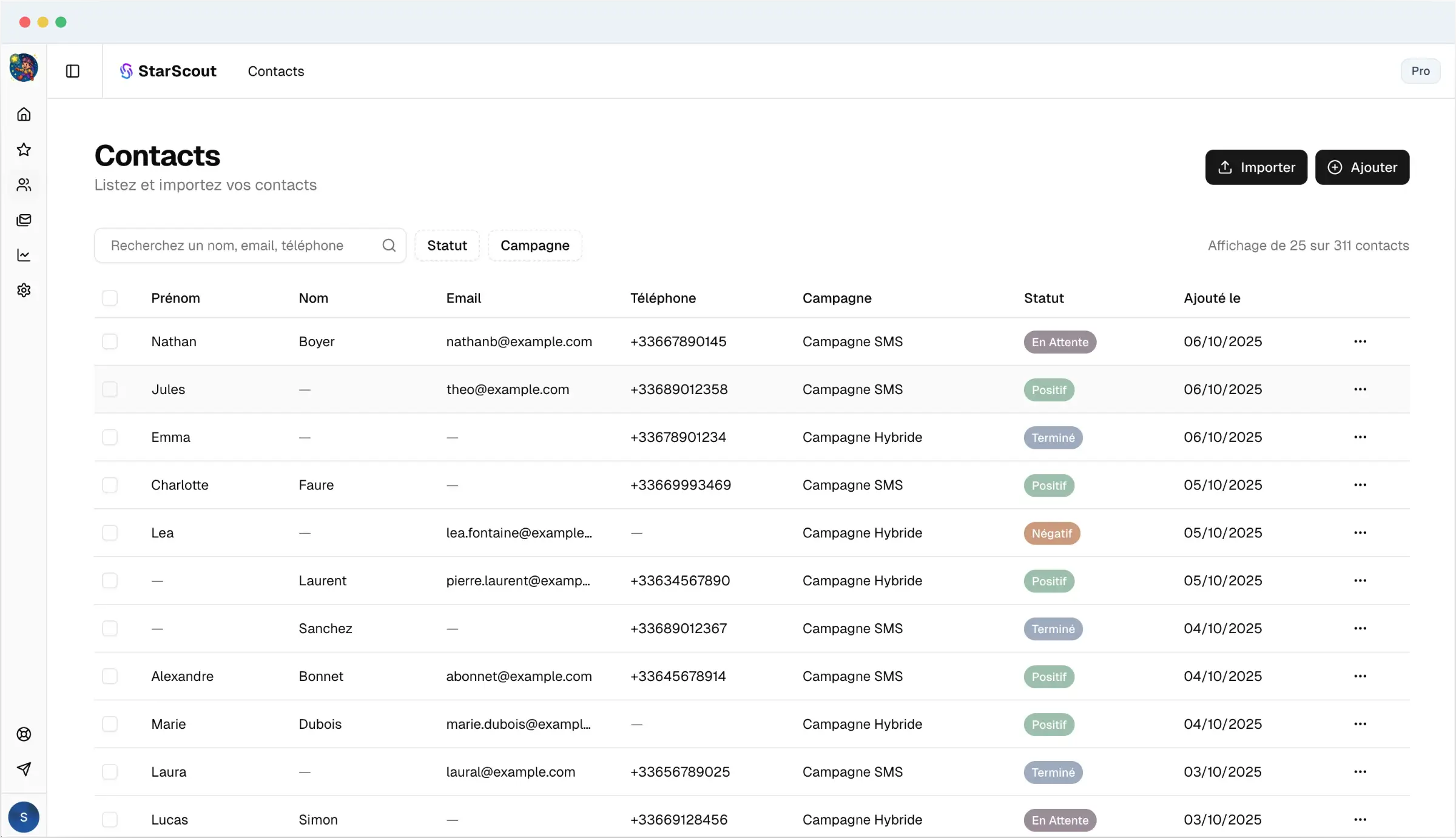 Interface de gestion des contacts StarScout