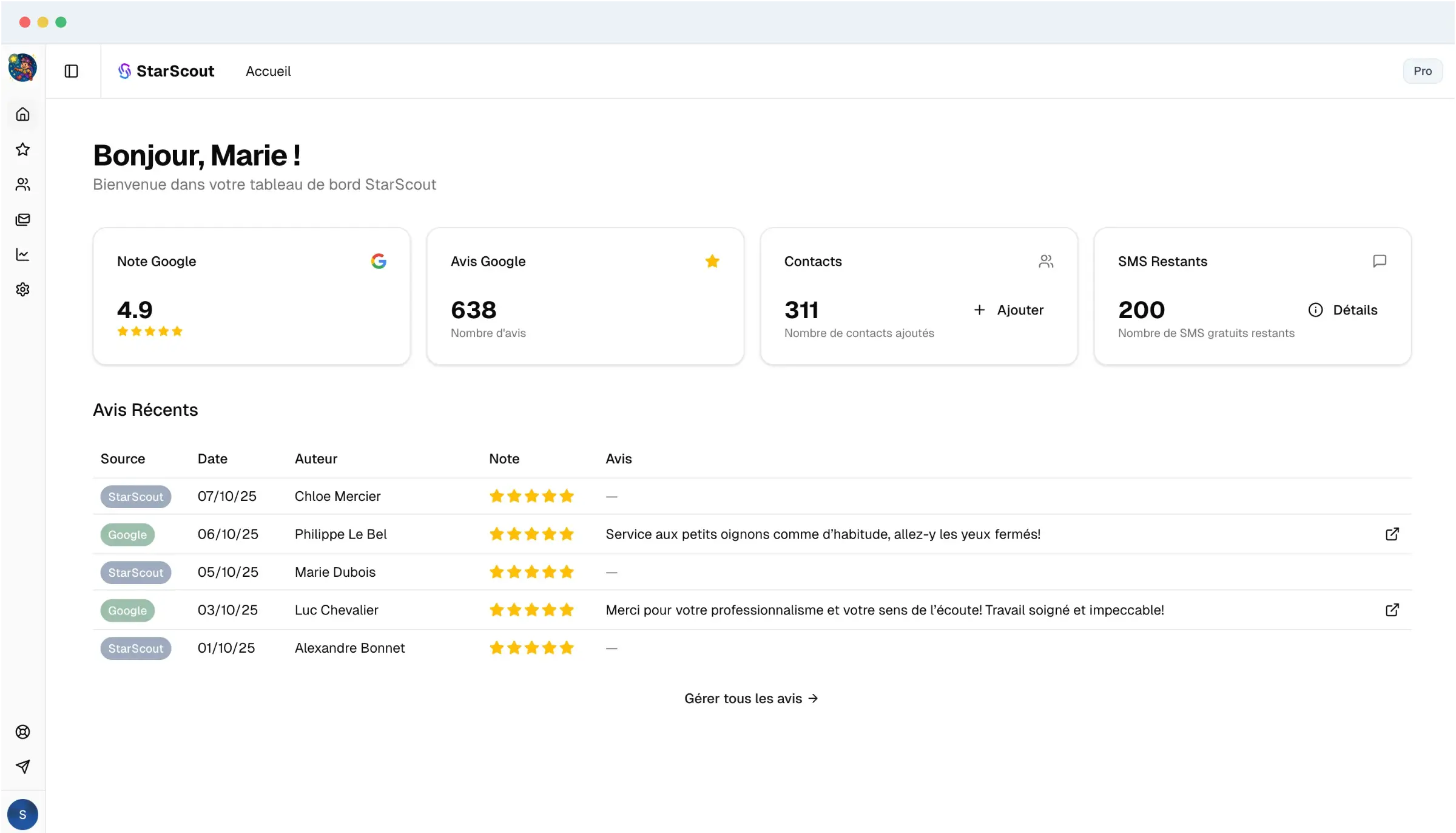 Tableau de bord StarScout